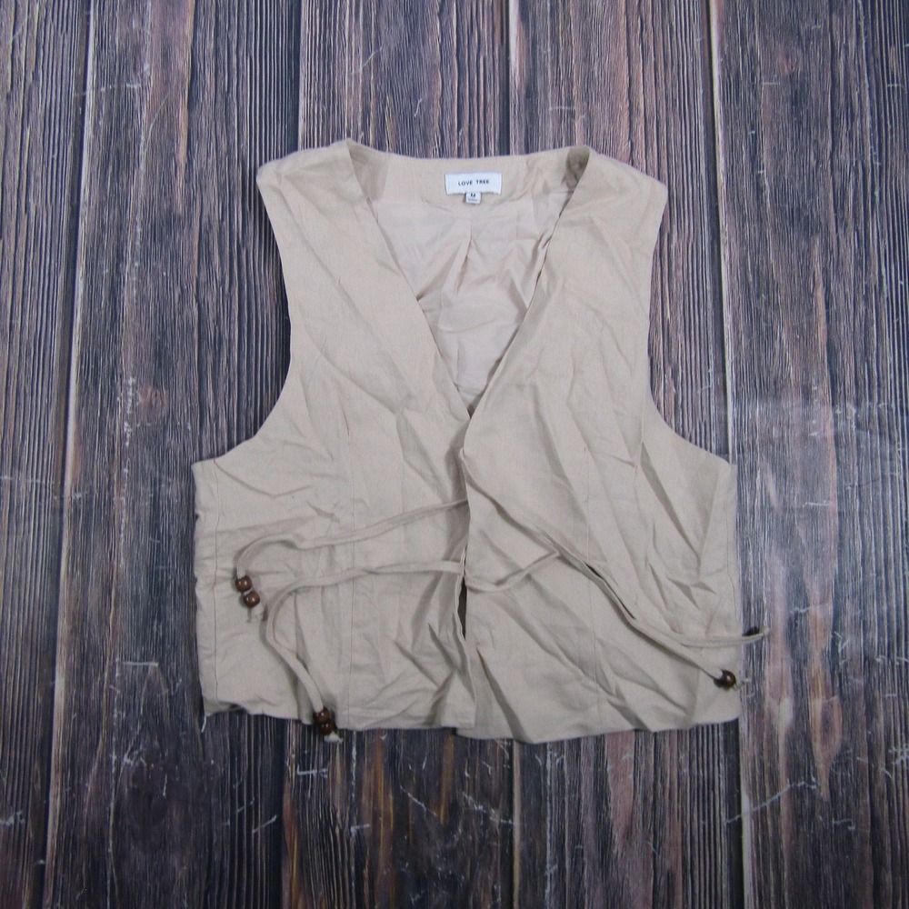 Love Tree Vest Womens M Beige Lined Open Drawstring Beaded Short Linen Blend